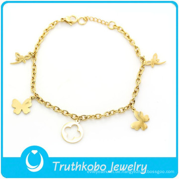 TKB-B0019 2015 Großhandel Schmuck benutzerdefinierte Hand Kette Armband Libelle und Schmetterling Gold 316L Edelstahl Armband